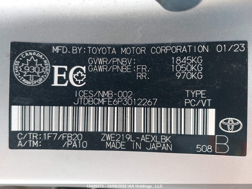 JTDBCMFE6P3012267 2023 TOYOTA COROLLA photo no. 9