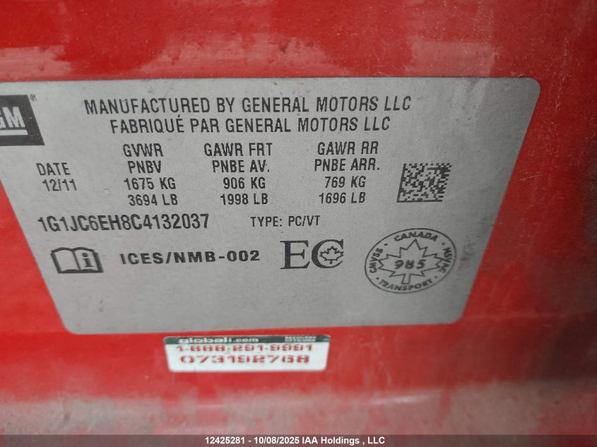 2012 Chevrolet Sonic Lt VIN: 1G1JC6EH8C4132037 Lot: 12425281