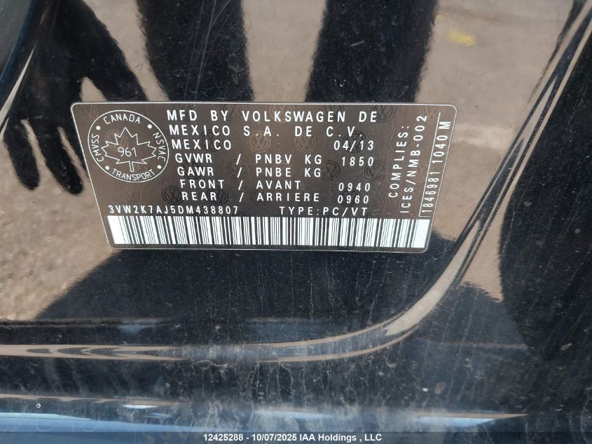 2013 Volkswagen Jetta S VIN: 3VW2K7AJ5DM438807 Lot: 12425288