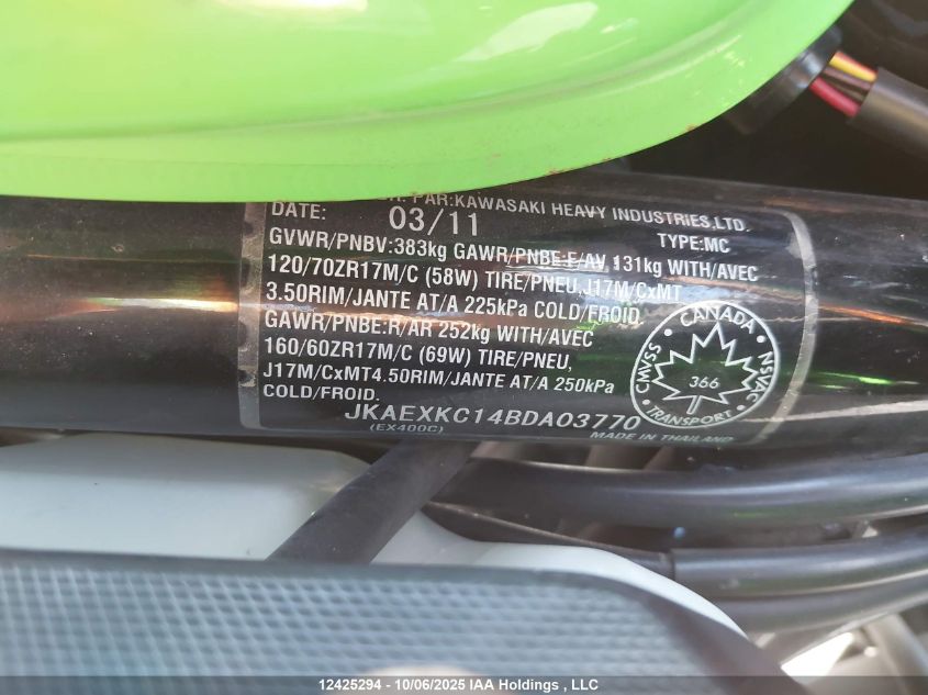 2011 Kawasaki Ex400 Cb VIN: JKAEXKC14BDA03770 Lot: 12425294