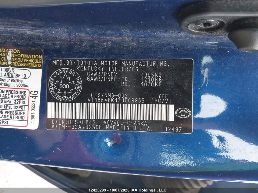 2007 Toyota Camry Ce/Le/Xle/Se VIN: 4T1BE46K17U068865 Lot: 12425299