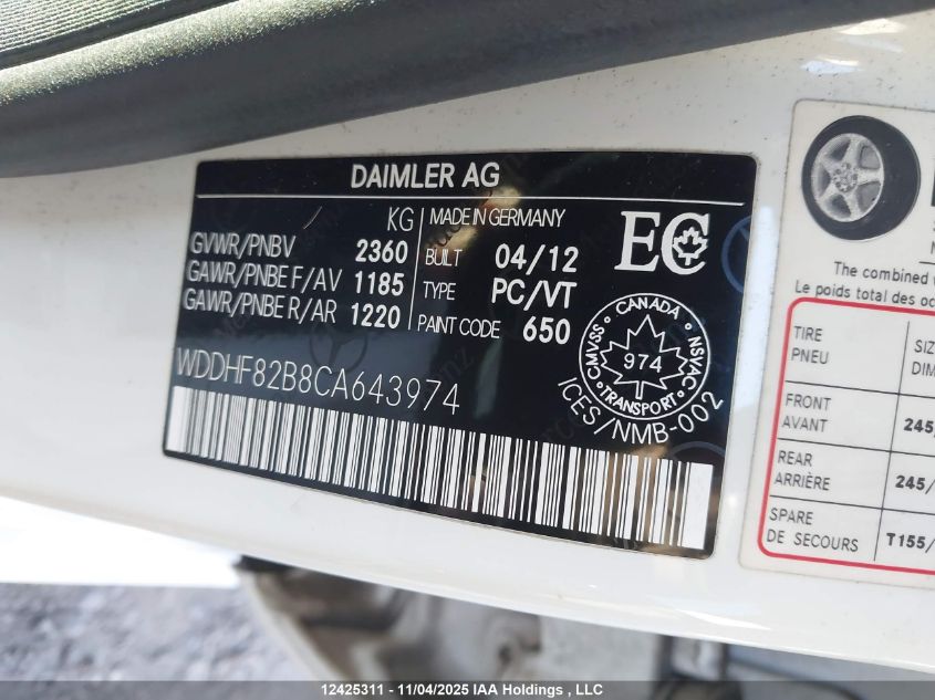 2012 Mercedes-Benz E 300 4Matic VIN: WDDHF82B8CA643974 Lot: 12425311