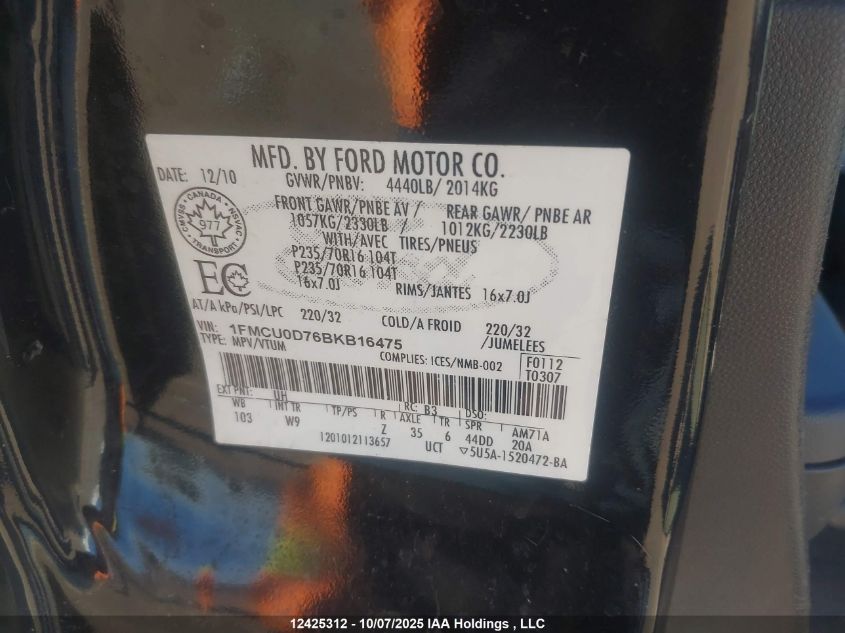 2011 Ford Escape Xlt VIN: 1FMCU0D76BKB16475 Lot: 12425312