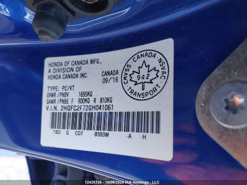 2016 Honda Civic VIN: 2HGFC2F72GH041061 Lot: 12425335