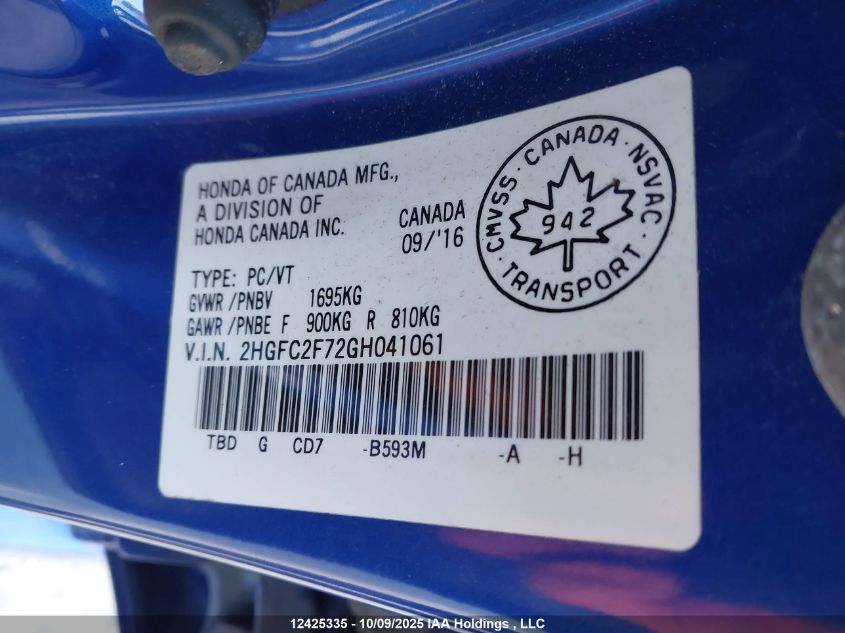 2016 Honda Civic VIN: 2HGFC2F72GH041061 Lot: 12425335