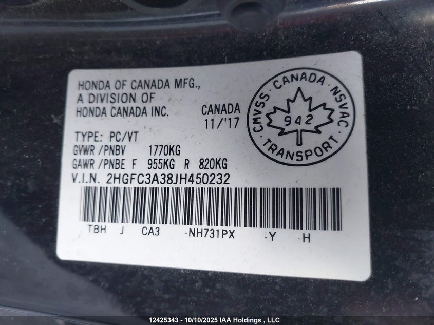 2018 Honda Civic Ex-T VIN: 2HGFC3A38JH450232 Lot: 12425343