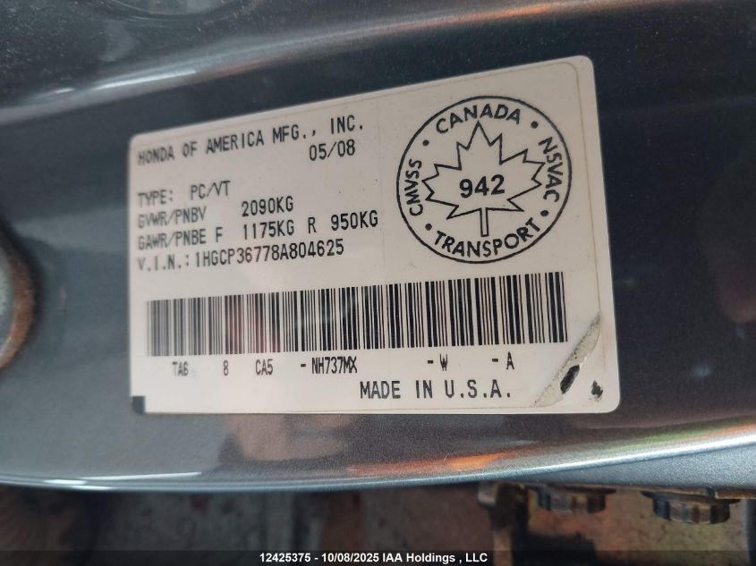 2008 Honda Accord Ex VIN: 1HGCP36778A804625 Lot: 12425375