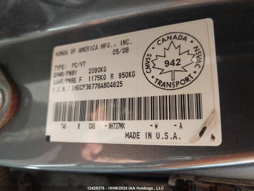 2008 Honda Accord Ex VIN: 1HGCP36778A804625 Lot: 12425375
