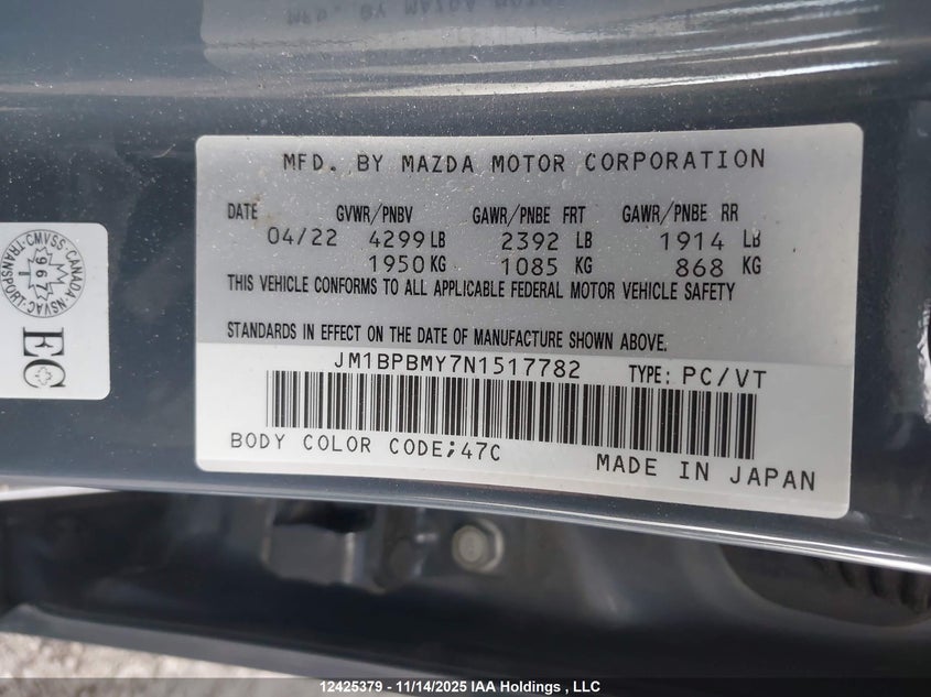 2022 Mazda Mazda3 Gt W/Turbo VIN: JM1BPBMY7N1517782 Lot: 12425379