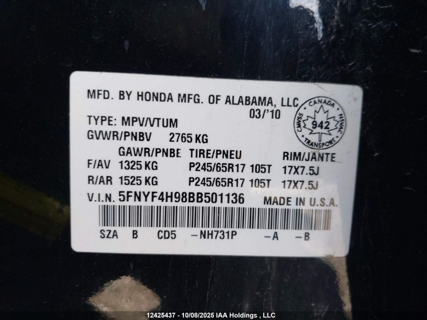 2011 Honda Pilot VIN: 5FNYF4H98BB501136 Lot: 12425437