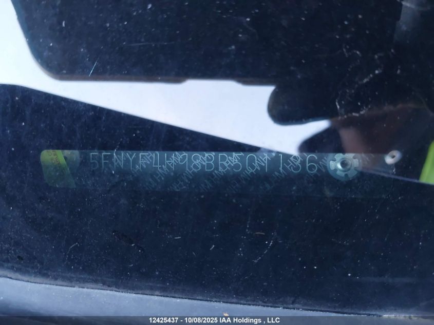 2011 Honda Pilot VIN: 5FNYF4H98BB501136 Lot: 12425437