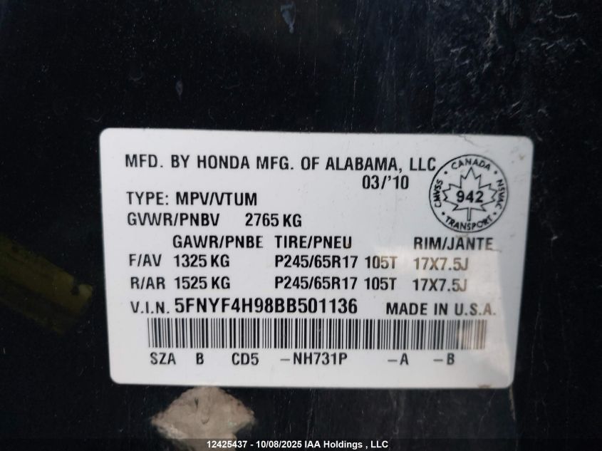 2011 Honda Pilot VIN: 5FNYF4H98BB501136 Lot: 12425437