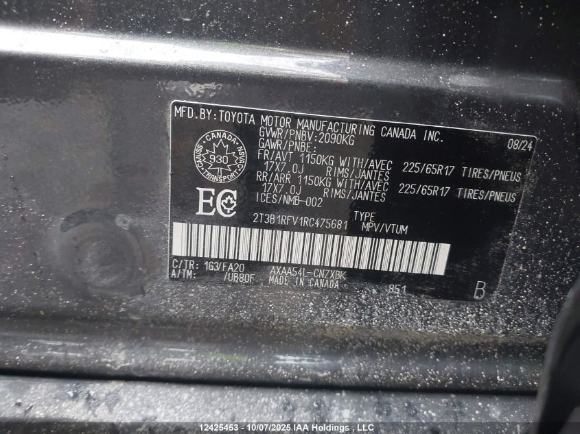 2024 Toyota Rav4 Le VIN: 2T3B1RFV1RC475681 Lot: 12425453