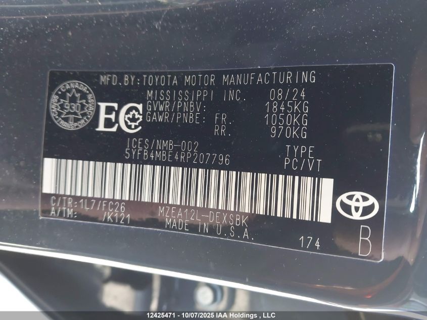 2024 Toyota Corolla Se VIN: 5YFB4MBE4RP207796 Lot: 12425471