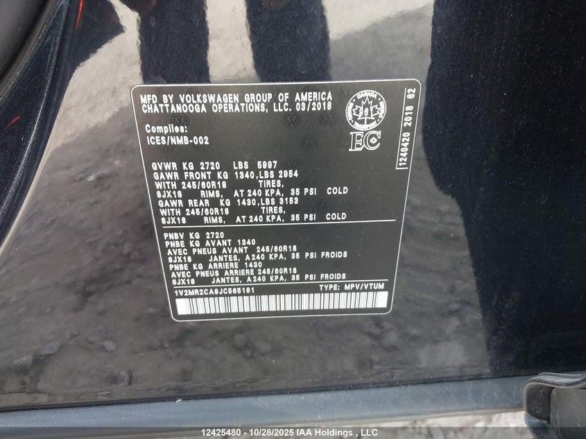 2018 Volkswagen Atlas 3.6 Fsi Highline VIN: 1V2MR2CA9JC565191 Lot: 12425480