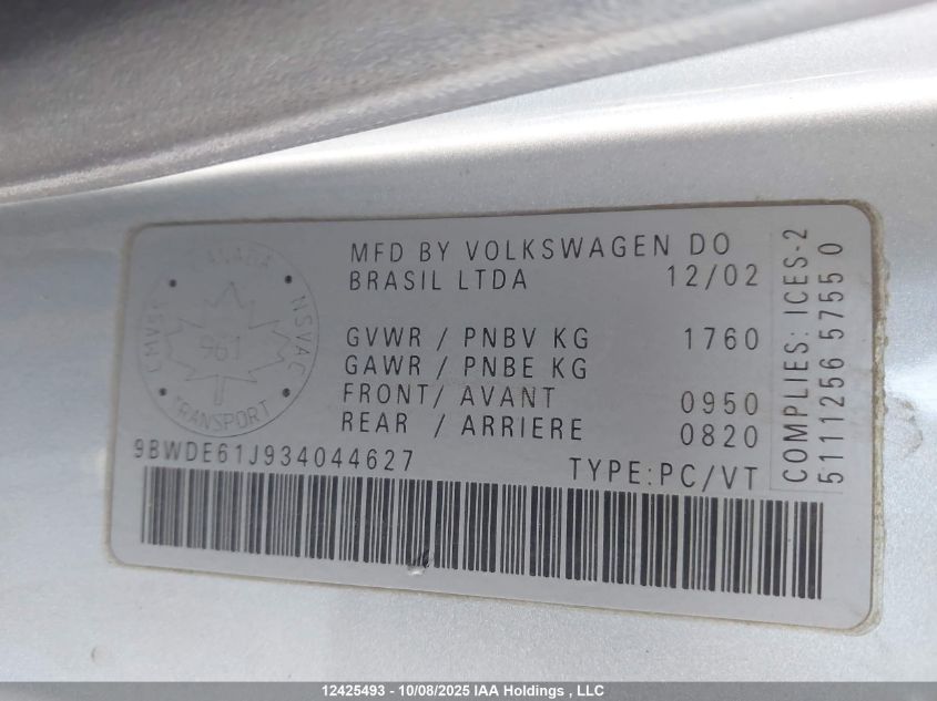 2003 Volkswagen Gti 1.8T VIN: 9BWDE61J934044627 Lot: 12425493