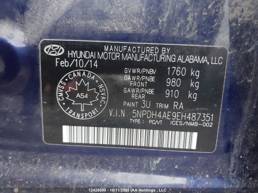 2014 Hyundai Elantra Gl VIN: 5NPDH4AE9EH487351 Lot: 12425500