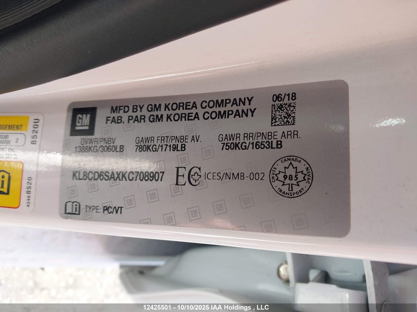 2019 Chevrolet Spark 1Lt Cvt VIN: KL8CD6SAXKC708907 Lot: 12425501