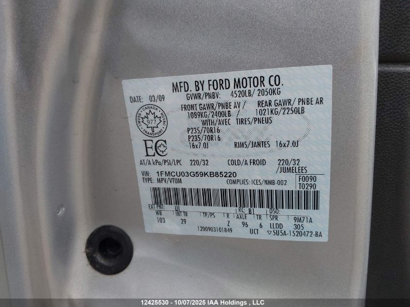 2009 Ford Escape VIN: 1FMCU03G59K885220 Lot: 12425530