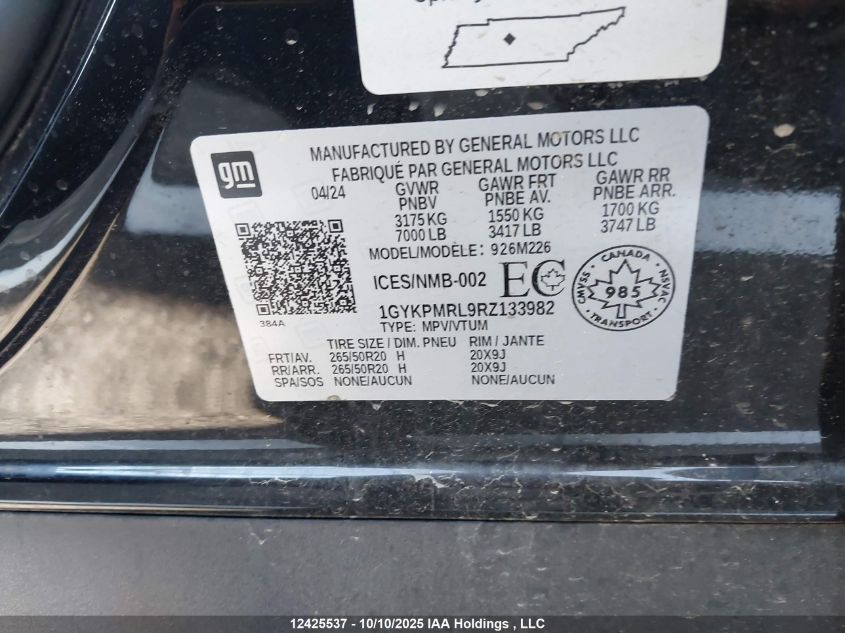 2024 Cadillac Lyriq VIN: 1GYKPMRL9RZ133982 Lot: 12425537