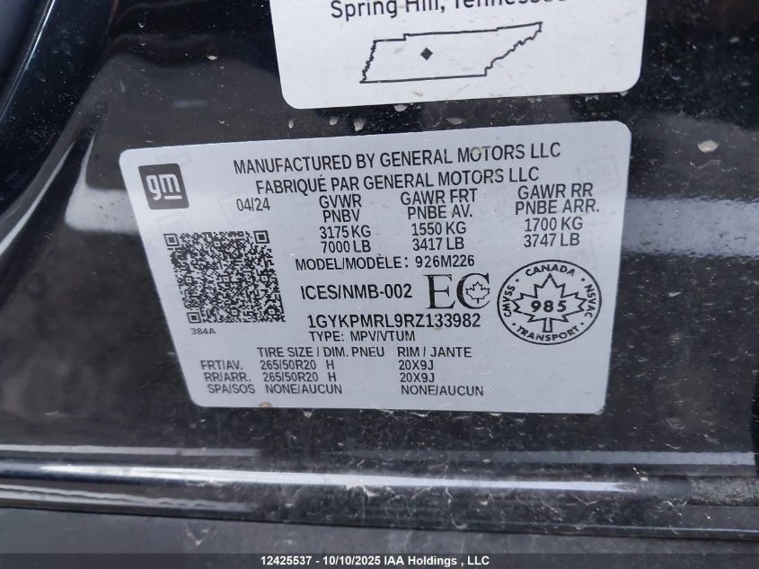 2024 Cadillac Lyriq VIN: 1GYKPMRL9RZ133982 Lot: 12425537