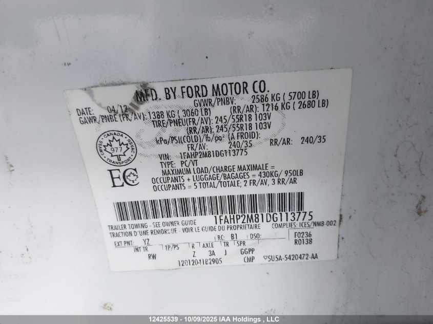 2013 Ford Taurus Police Interceptor VIN: 1FAHP2M81DG113775 Lot: 12425539