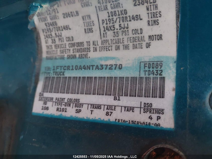 1992 Ford Ranger VIN: 1FTCR10A4NTA37270 Lot: 12425553