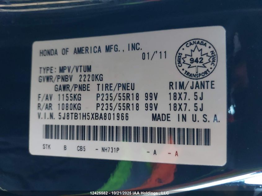 2011 Acura Rdx VIN: 5J8TB1H5XBA801966 Lot: 12425582