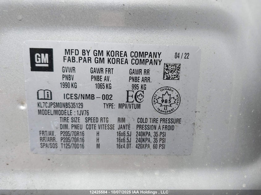 2022 Chevrolet Trax 1Lt VIN: KL7CJPSM0NB535129 Lot: 12425584