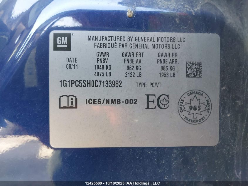 2012 Chevrolet Cruze Ls VIN: 1G1PC5SH0C7133982 Lot: 12425589