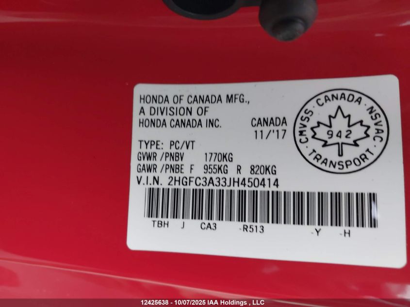2018 Honda Civic Ex-T VIN: 2HGFC3A33JH450414 Lot: 12425638