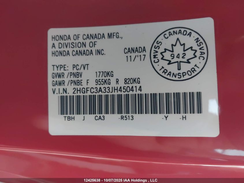 2018 Honda Civic Ex-T VIN: 2HGFC3A33JH450414 Lot: 12425638