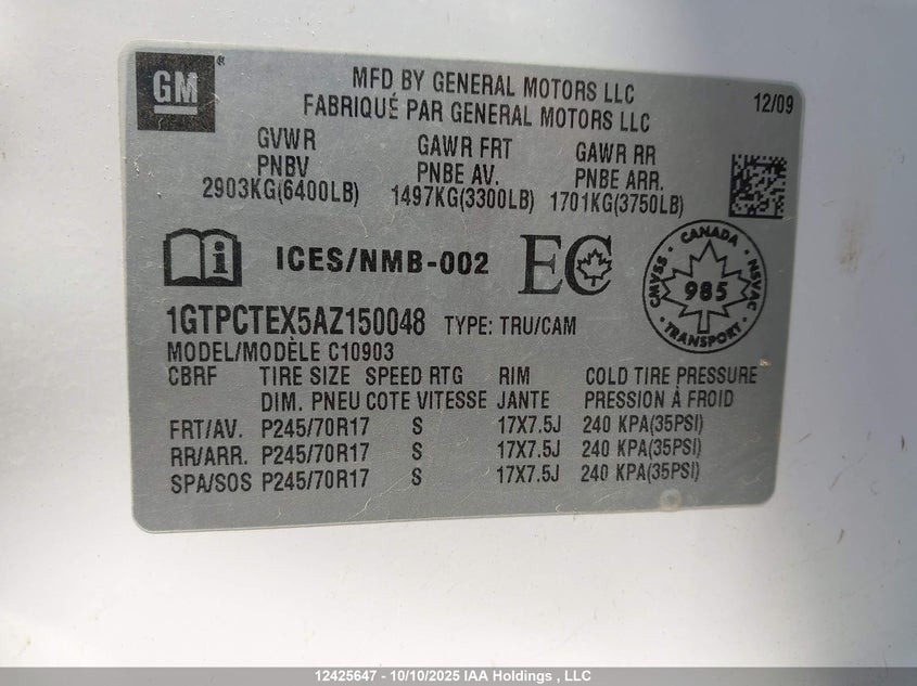 2010 GMC Sierra C1500 VIN: 1GTPCTEX5AZ150048 Lot: 12425647
