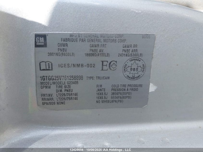 2006 GMC Savana G2500 VIN: 1GTGG25V761258898 Lot: 12425656