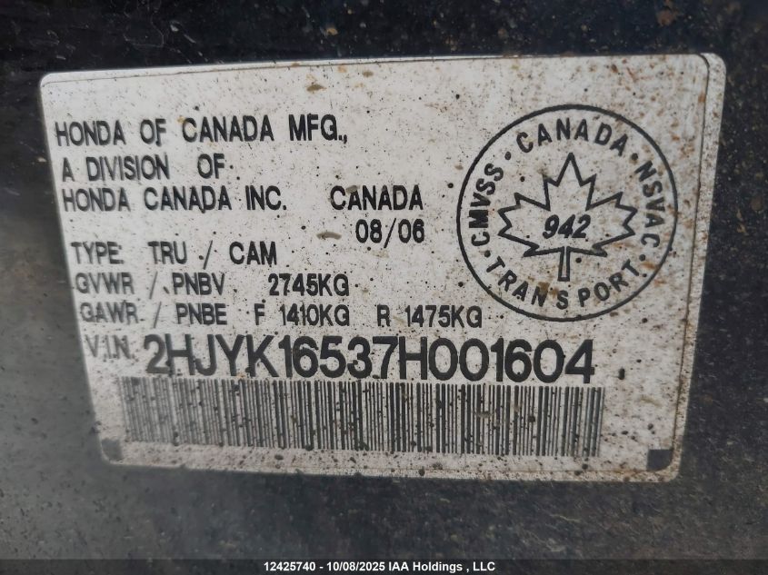 2007 Honda Ridgeline Ex-L VIN: 2HJYK16537H001604 Lot: 12425740