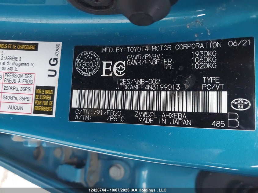 2022 Toyota Prius Prime Le/Xle/Limited VIN: JTDKAMFP4N3199013 Lot: 12425744