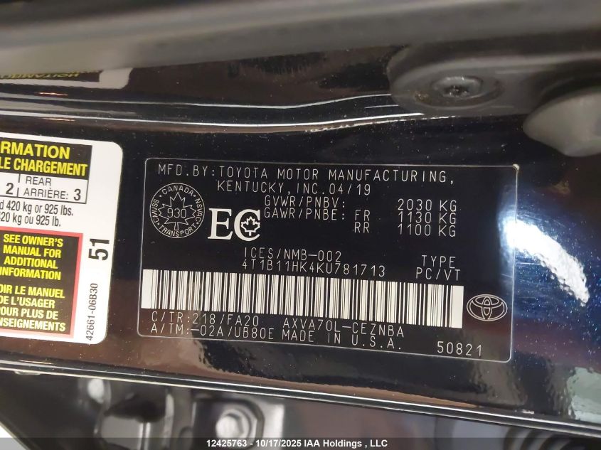 2019 Toyota Camry Le VIN: 4T1B11HK4KU781713 Lot: 12425763