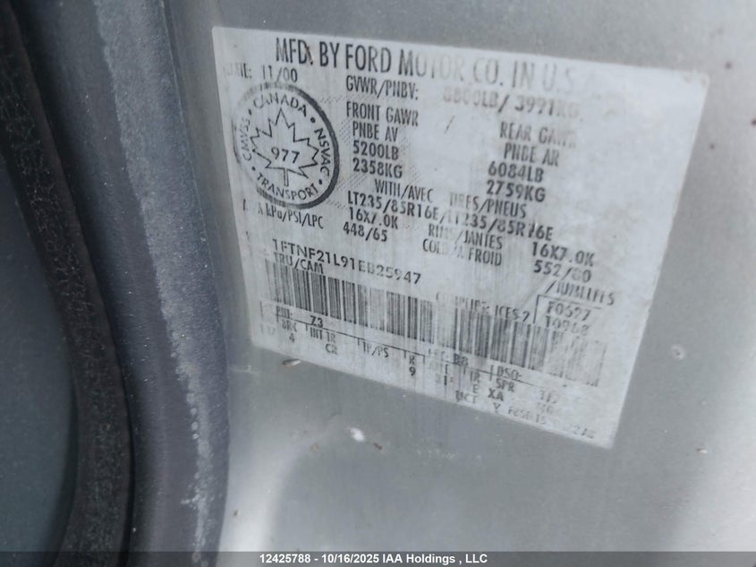 2001 Ford F250 Super Duty VIN: 1FTNF21L91EB25947 Lot: 12425788