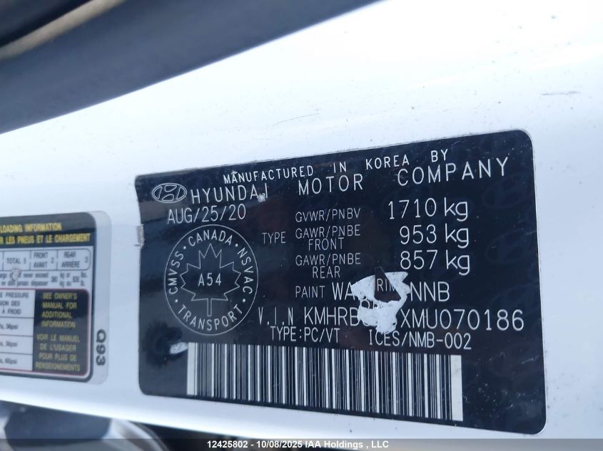 2021 Hyundai Venue Se VIN: KMHRB8A3XMU070186 Lot: 12425802