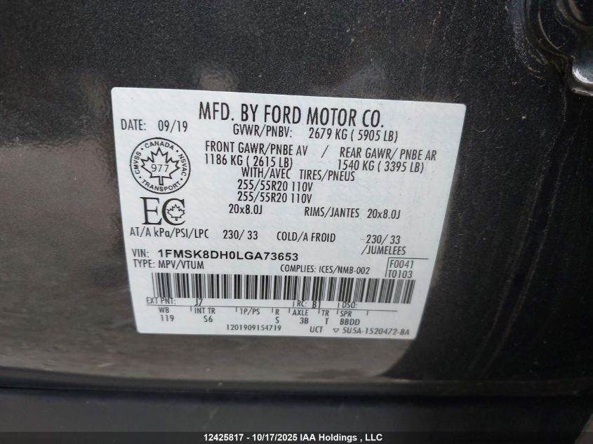 2020 Ford Explorer Xlt VIN: 1FMSK8DH0LGA73653 Lot: 12425817