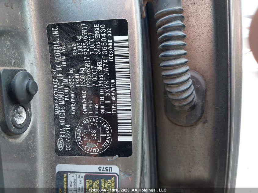 2015 Kia Sorento Lx VIN: 5XYKTDA7XFG650430 Lot: 12425846