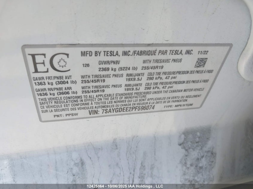 7SAYGDEE2PF596074 2023 TESLA MODEL Y photo no. 9
