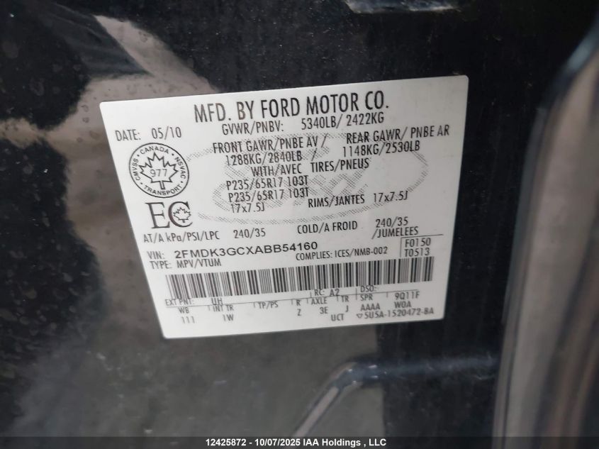 2010 Ford Edge Se VIN: 2FMDK3GCXABB54160 Lot: 12425872