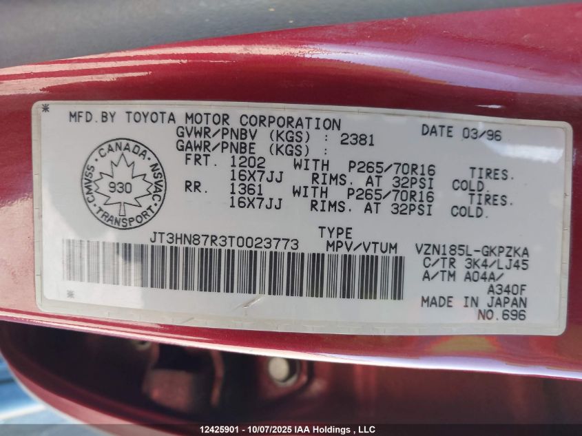 1996 Toyota 4Runner Limited VIN: JT3HN87R3T0023773 Lot: 12425901