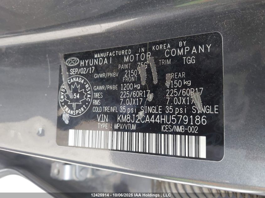 2017 Hyundai Tucson Se VIN: KM8J2CA44HU579186 Lot: 12425914