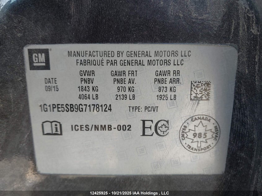 1G1PE5SB9G7178124 2016 CHEVROLET CRUZE photo no. 9