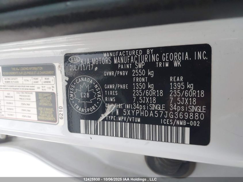 2018 Kia Sorento Ex VIN: 5XYPHDA57JG369880 Lot: 12425930