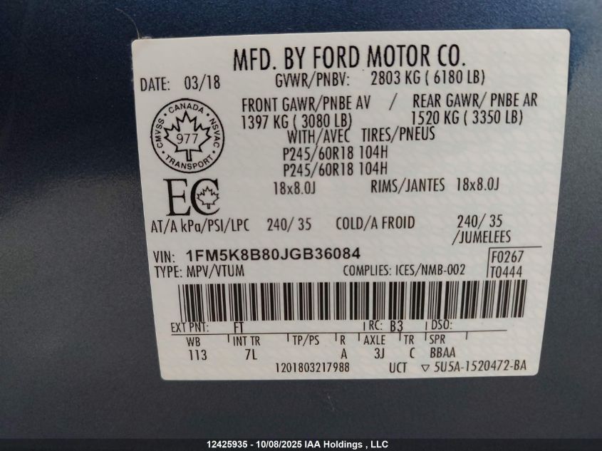 2018 Ford Explorer VIN: 1FM5K8B80JGB36084 Lot: 12425935