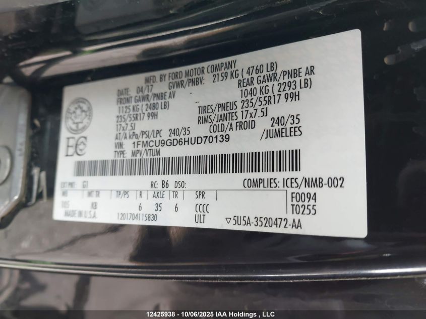 2017 Ford Escape Se VIN: 1FMCU9GD6HUD70139 Lot: 12425938