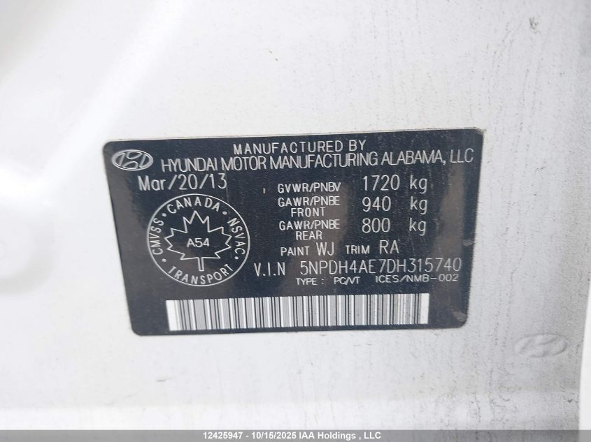 2013 Hyundai Elantra Gl VIN: 5NPDH4AE7DH315740 Lot: 12425947